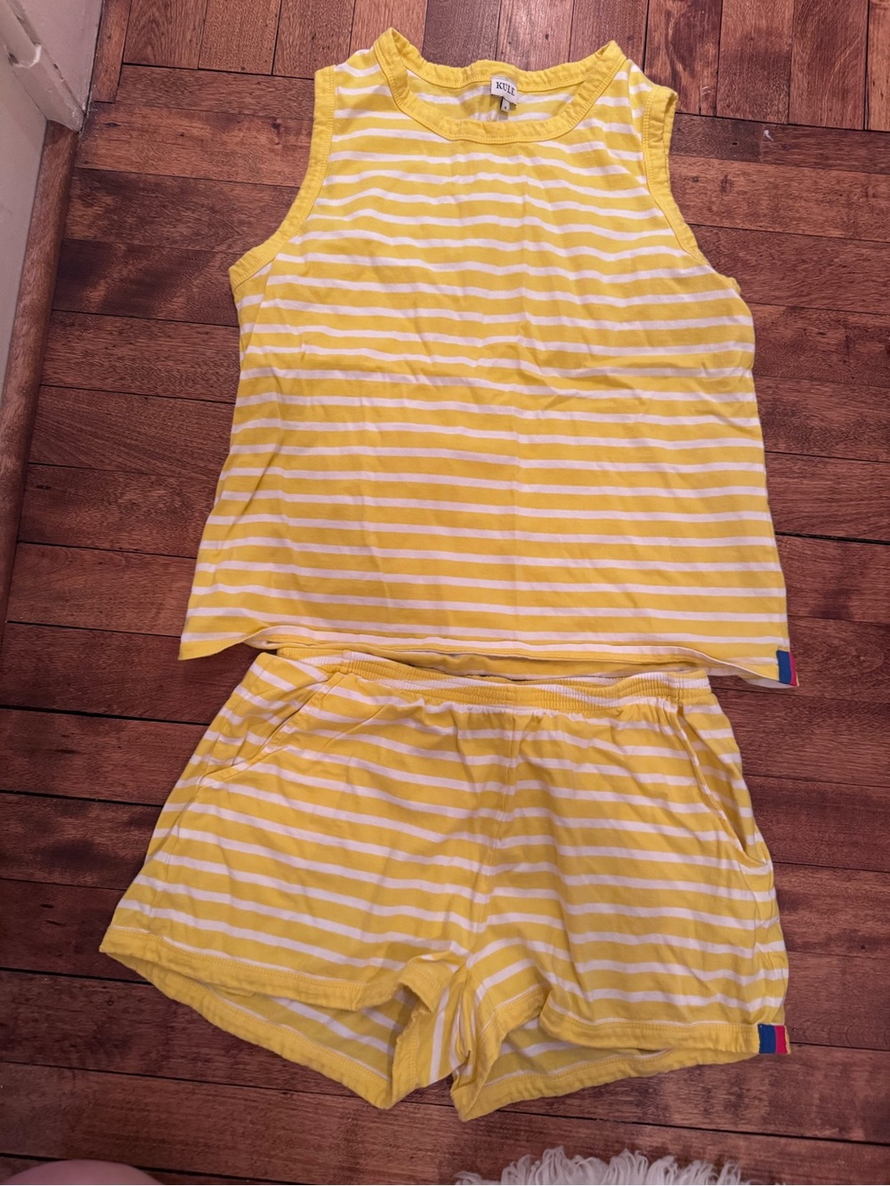KULE Yellow and White Striped Sleeveless lounge Set Size S